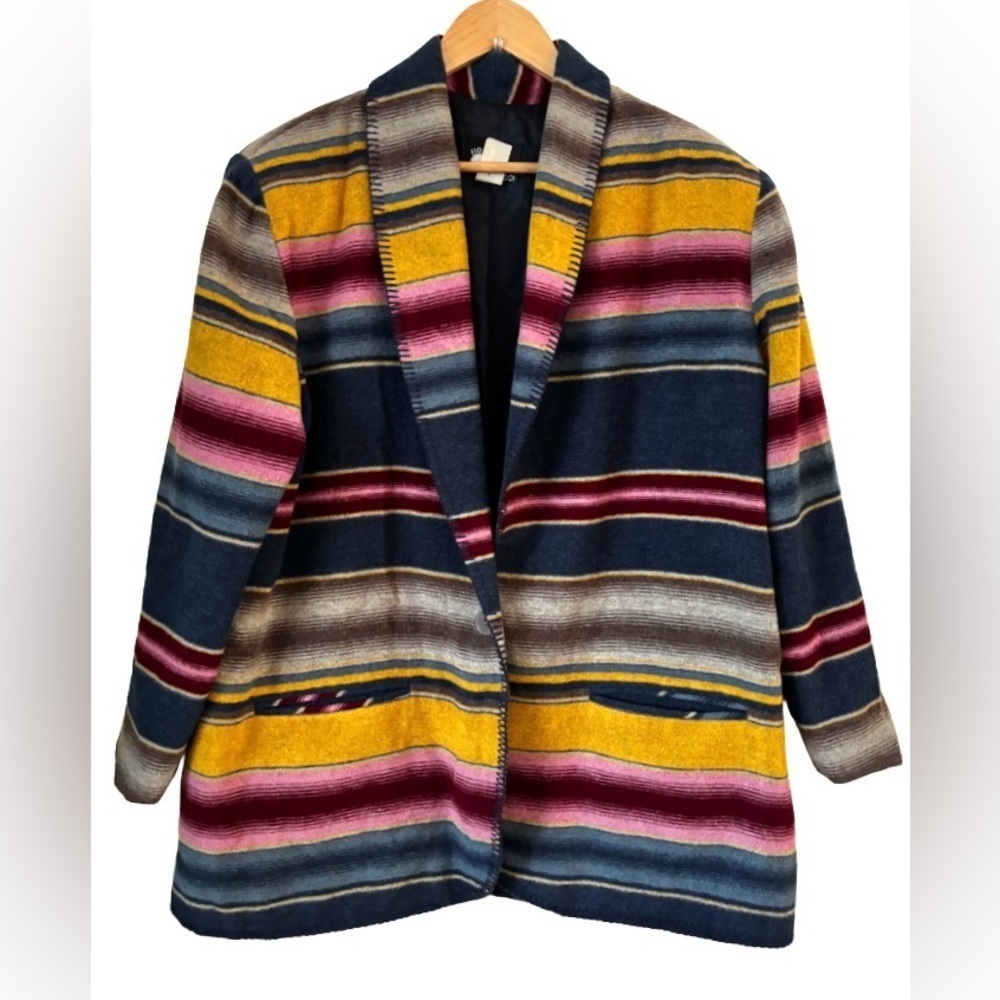 VINTAGEY2K Southwst Blnkt Stripe wool blnd lined blzr w blnkt stitch SZ S ethnic